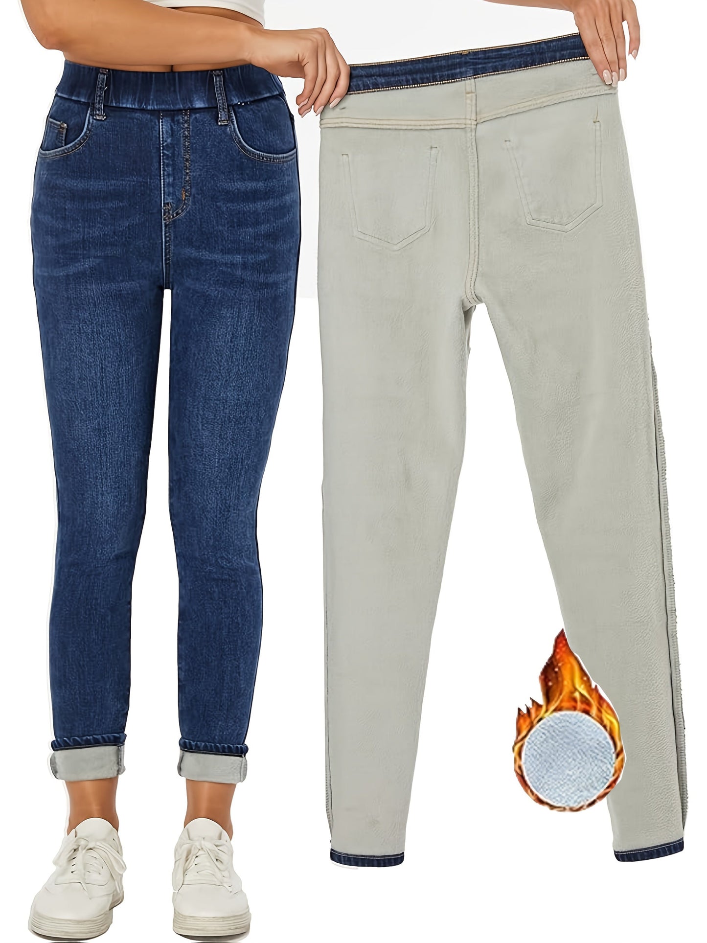 Jean slim femme bleu doublé thermique doux pour l'hiver