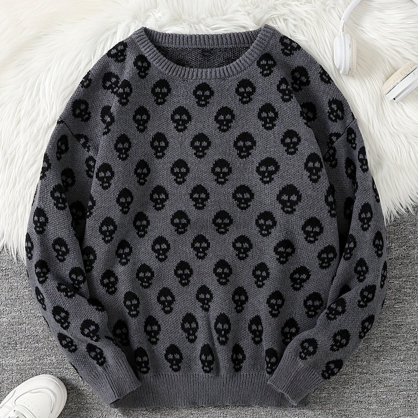 Pull col rond à motif têtes de mort en tricot doux