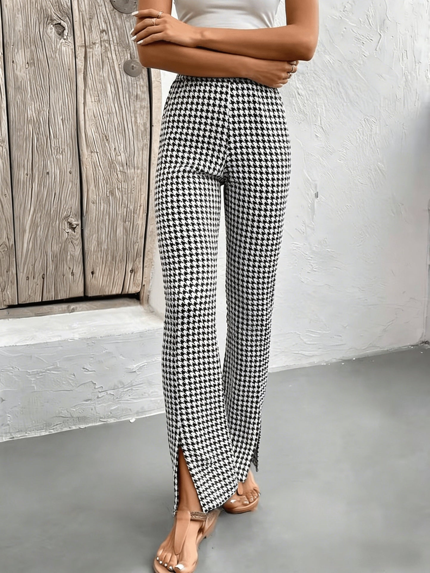 Damenhose mit Hahnentrittmuster im eleganten Flared-Stil für Ausflüge  