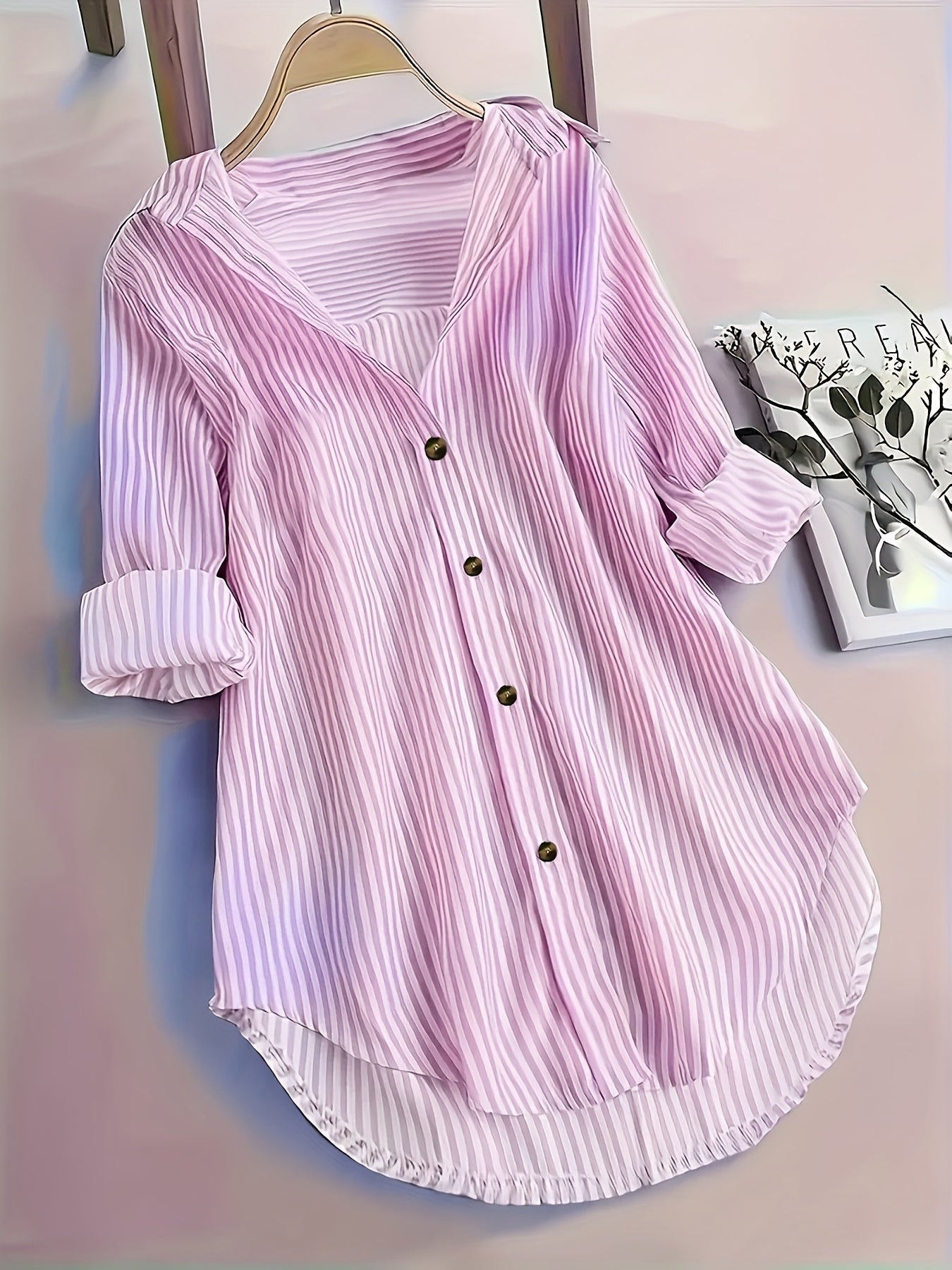 Camicia lunga a righe stile casual da donna, maniche lunghe, ideale per tutti i giorni
