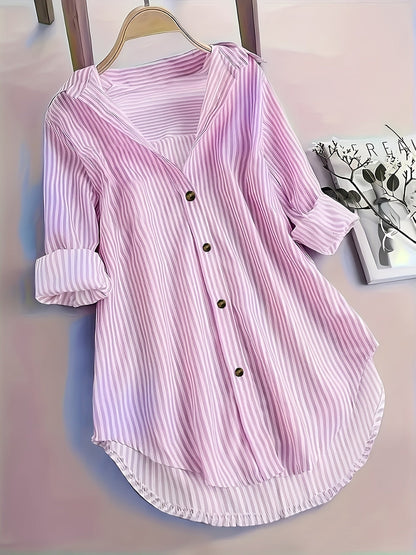 Camicia lunga a righe stile casual da donna, maniche lunghe, ideale per tutti i giorni