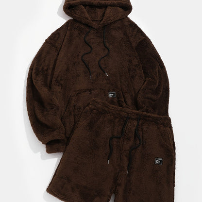 Ensemble Homme Doux en Peluche Marron avec Sweat à Capuche et Short