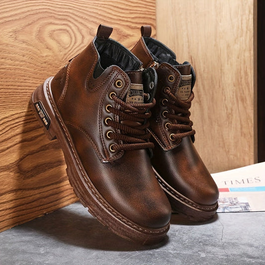 Bottes montantes homme marron foncé lacets, fermeture éclair latérale, semelle épaisse