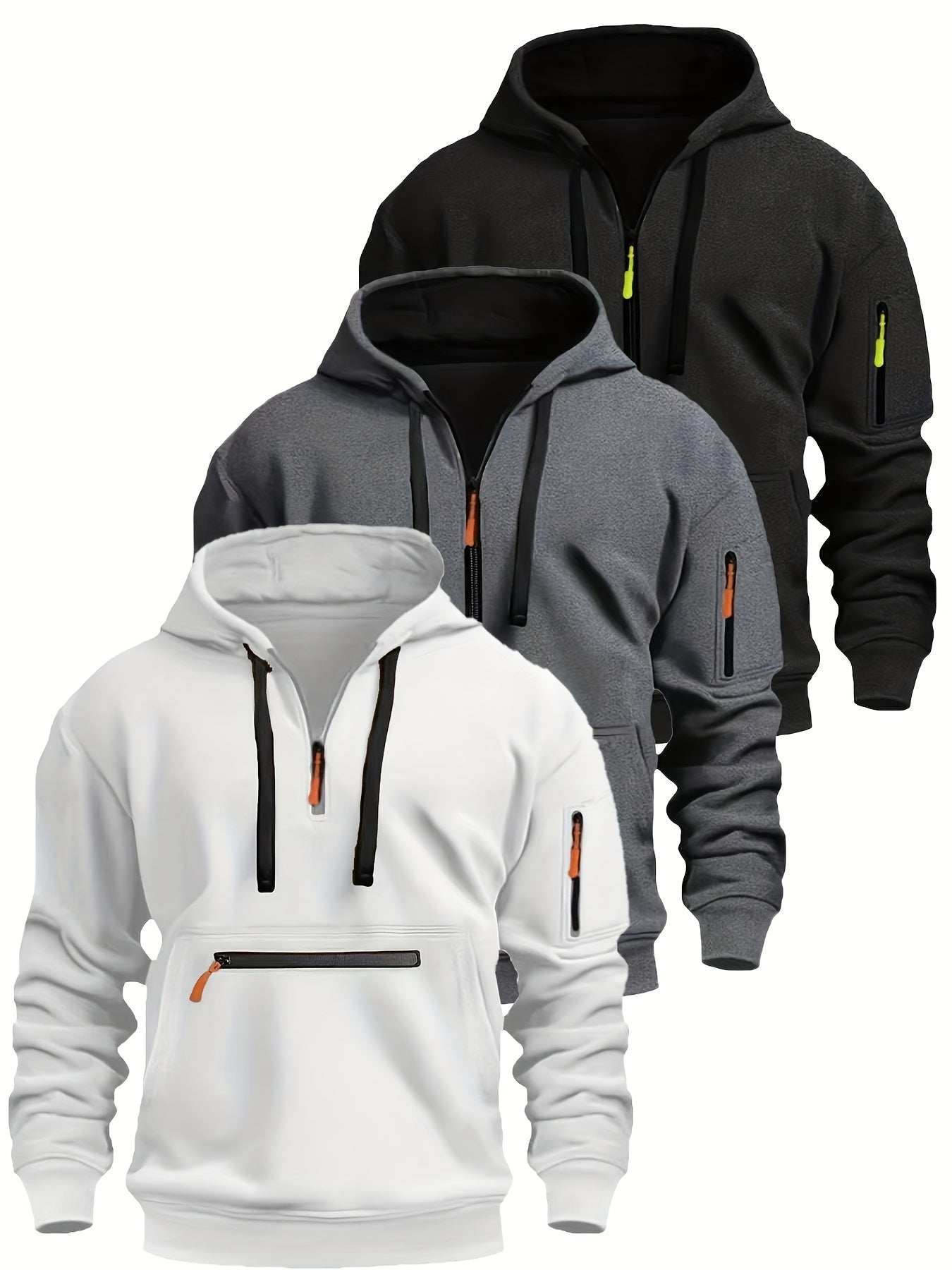 Sweat à Capuche Homme Zippé Mi-long avec Poche Kangourou et Manches Zippées