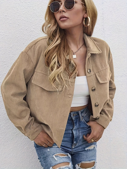 Veste Chemise Femme Côtelée Beige à Boutons et Poches Poitrine
