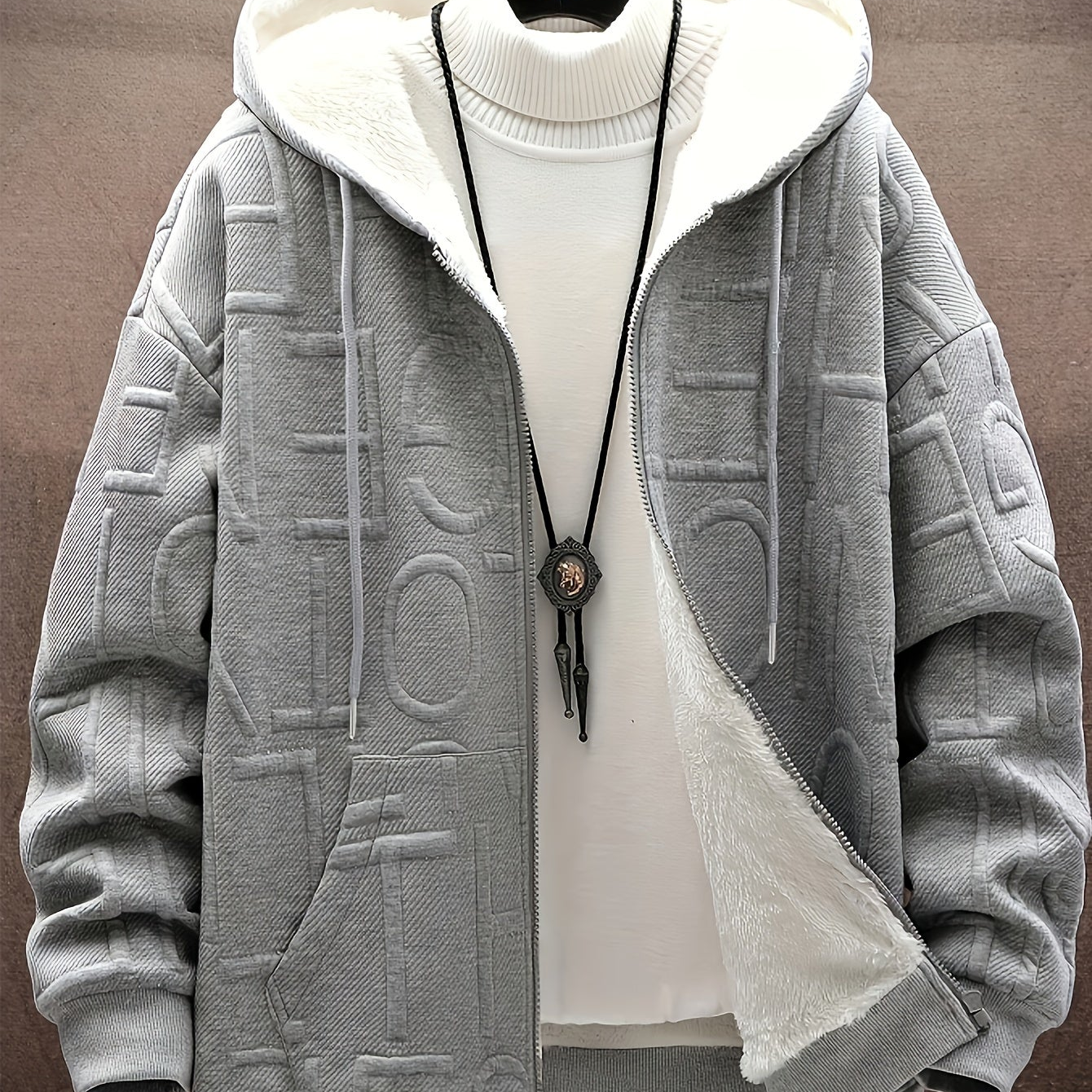 Veste à capuche doublée polaire Homme Noir motif texturé zippée