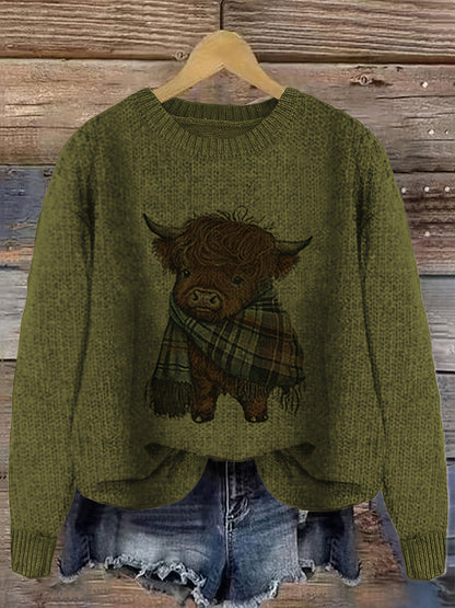 Women's Crew Neck Highland Cow Graphic Pullover Sweater