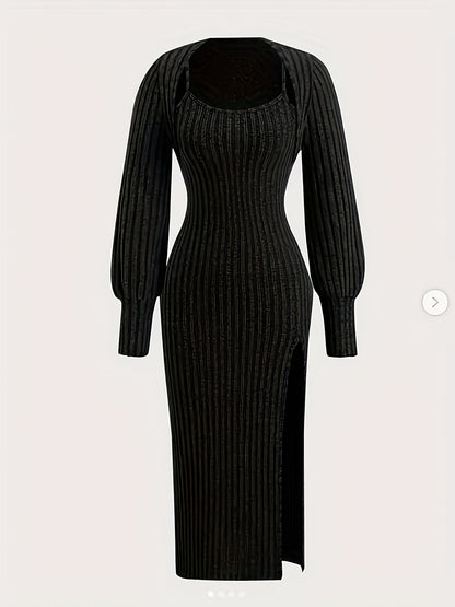 Ensemble Robe Midi Bretelles Fines & Boléro Court Manches Longues Maille Côtelée