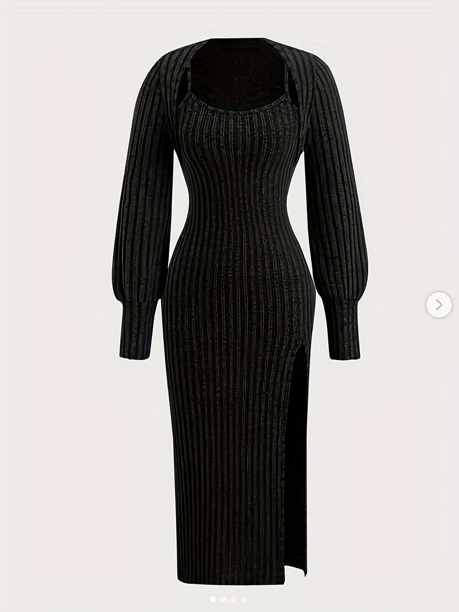 Ensemble Robe Midi Bretelles Fines & Boléro Court Manches Longues Maille Côtelée
