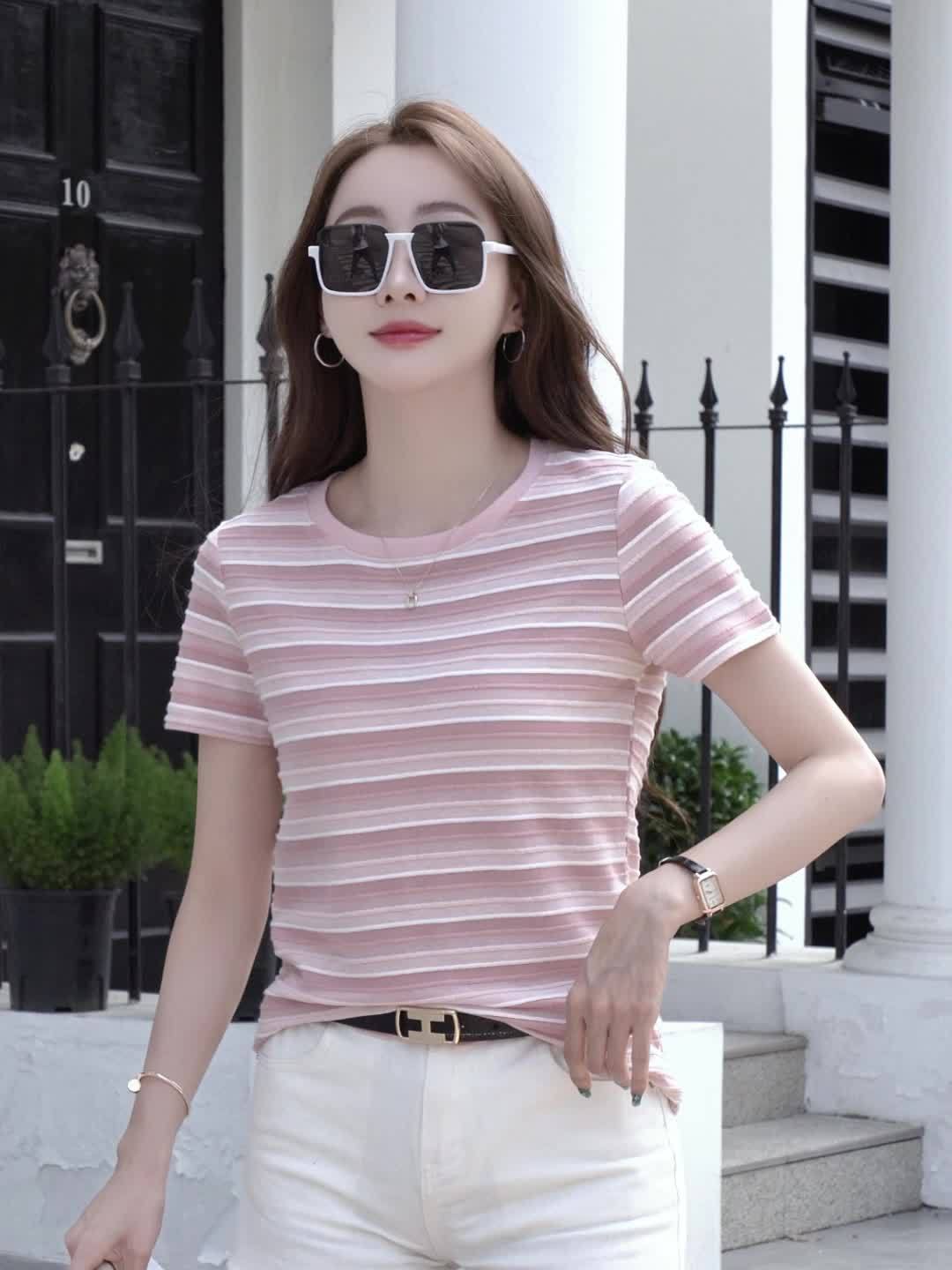 T-shirt Femme Style Décontracté à Rayures pour l'Été