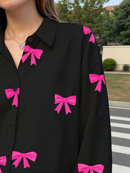 Chemise Femme Noire à Nœuds Roses Manches Longues Boutonnée