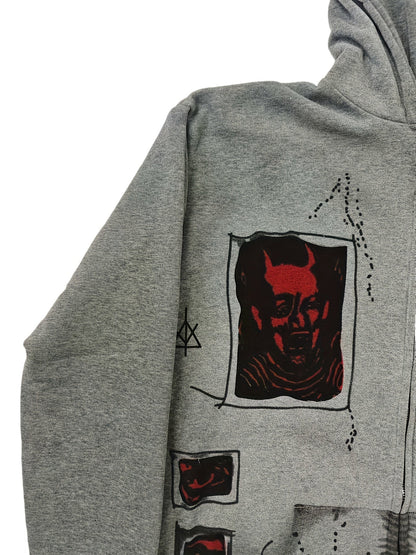 Sweat à Capuche Unisexe Gris Fermeture Éclair Motif Tête de Mort et Visage