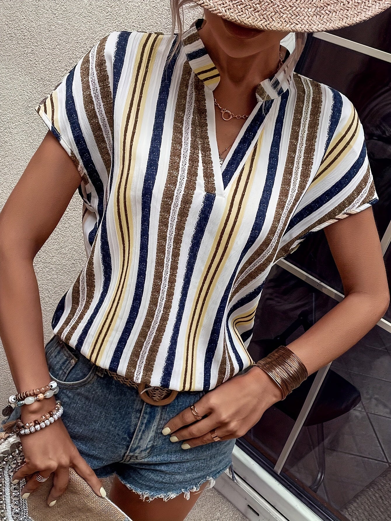 Casual striped blouse for women, V-neck, short sleeves, elegant summer style