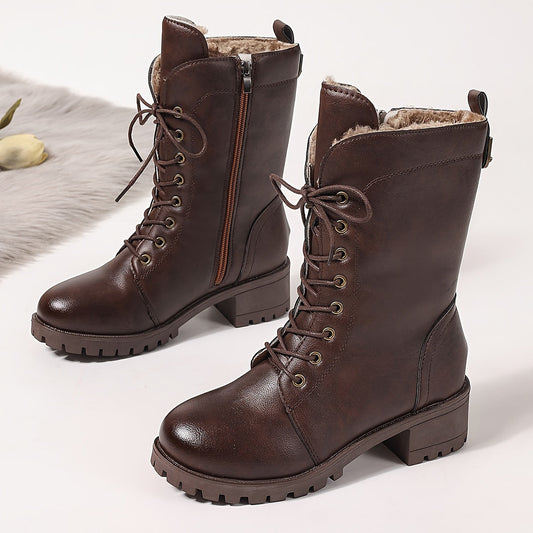 Bottes montantes marron foncé à lacets et semelle crantée pour femme