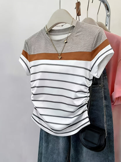 T-shirt pour femme style décontracté à rayures et fronces, manches courtes, col rond, tendance été