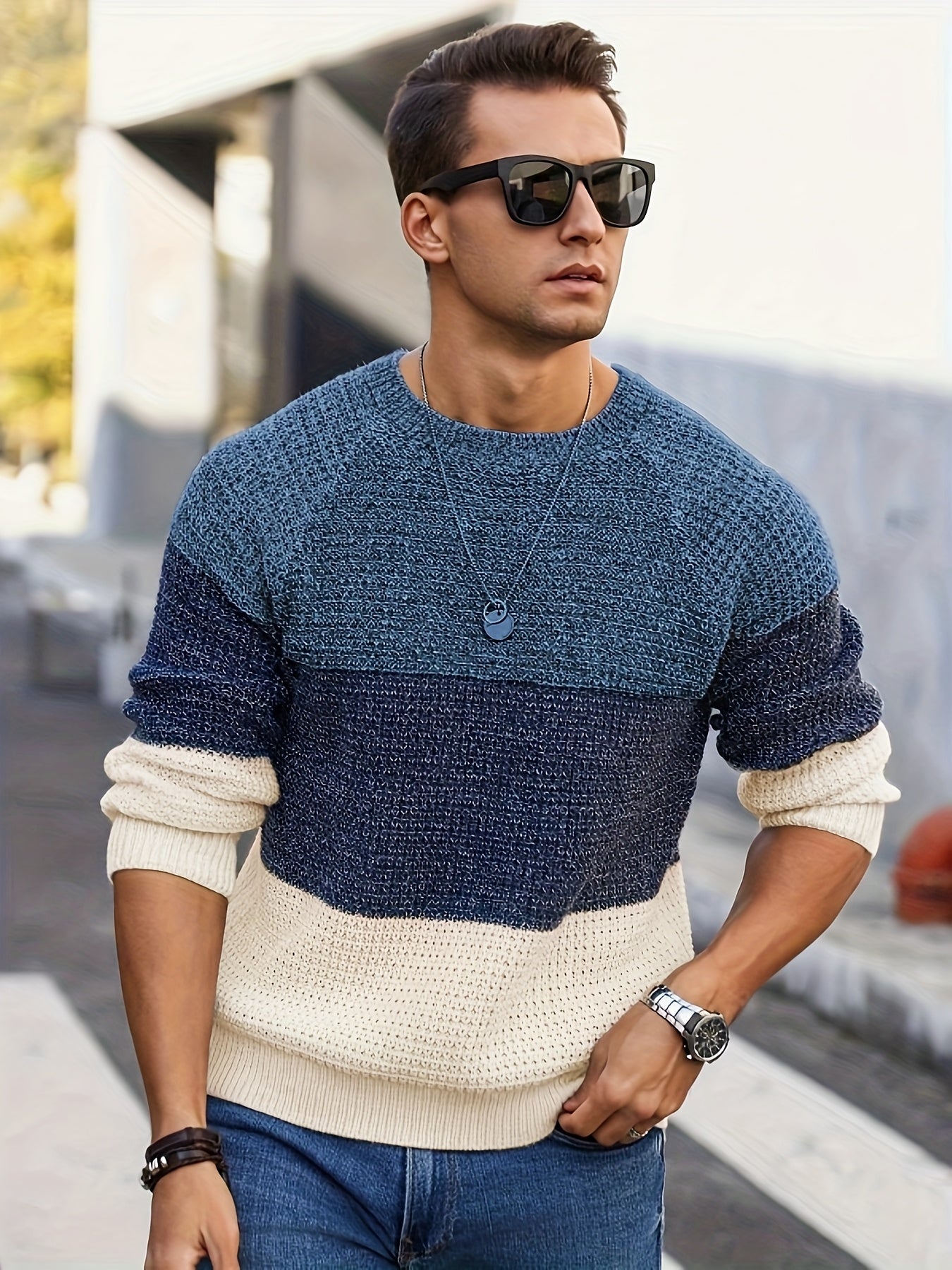 Pull Homme Col Rond Maille Texturée Tricolore Beige Marron Noir