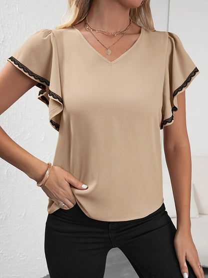 Elegant bluse til kvinder med flæseærmer og V-hals, chic stil til kontoret eller en aften ude