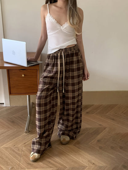 Pantalon de Pyjama Femme Carreaux Marron et Beige Ample avec Cordon