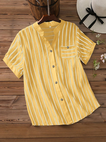 Chemise décontractée pour femme à manches courtes style boutonné col mao chic