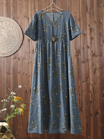 Abito lungo casual donna stile bohemien con stampa floreale e scollo a V, ideale per l'estate
