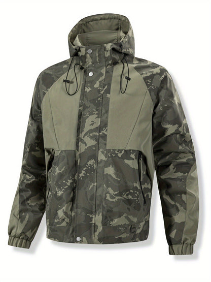 Veste Homme Camouflage Vert à Capuche et Fermeture Éclair