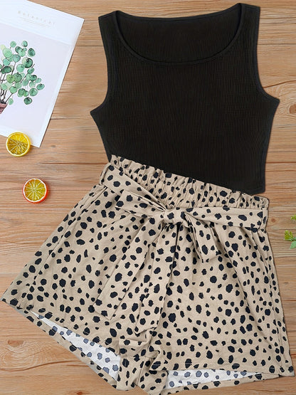 Women's Elegant Style Summer Printed High-Waisted Tank Top and Shorts Set