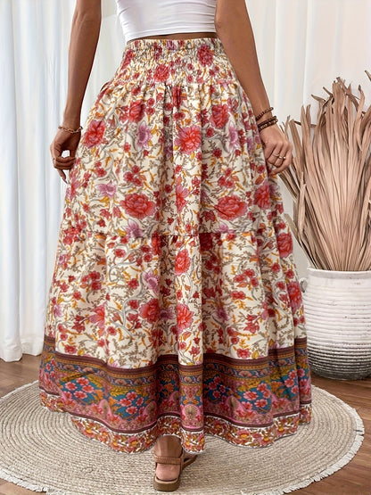 Elegant summer style women's long bohemian floral print skirt