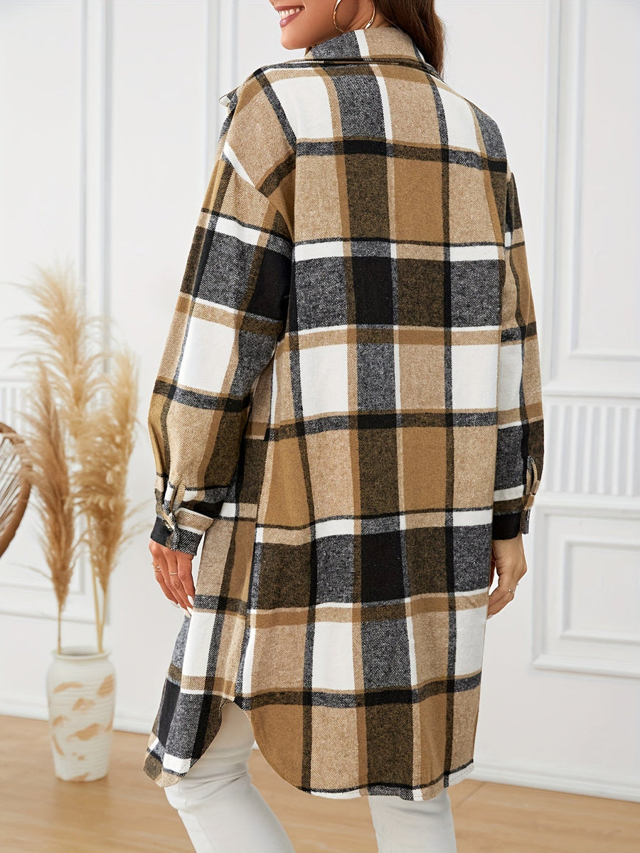 Women's Long Plaid Shirt-Style Coat with Chest Pockets and Relaxed Fit