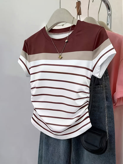 T-shirt pour femme style décontracté à rayures et fronces, manches courtes, col rond, tendance été