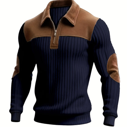 Pull homme côtelé col polo zippé empiècements contrastants coudes et épaules