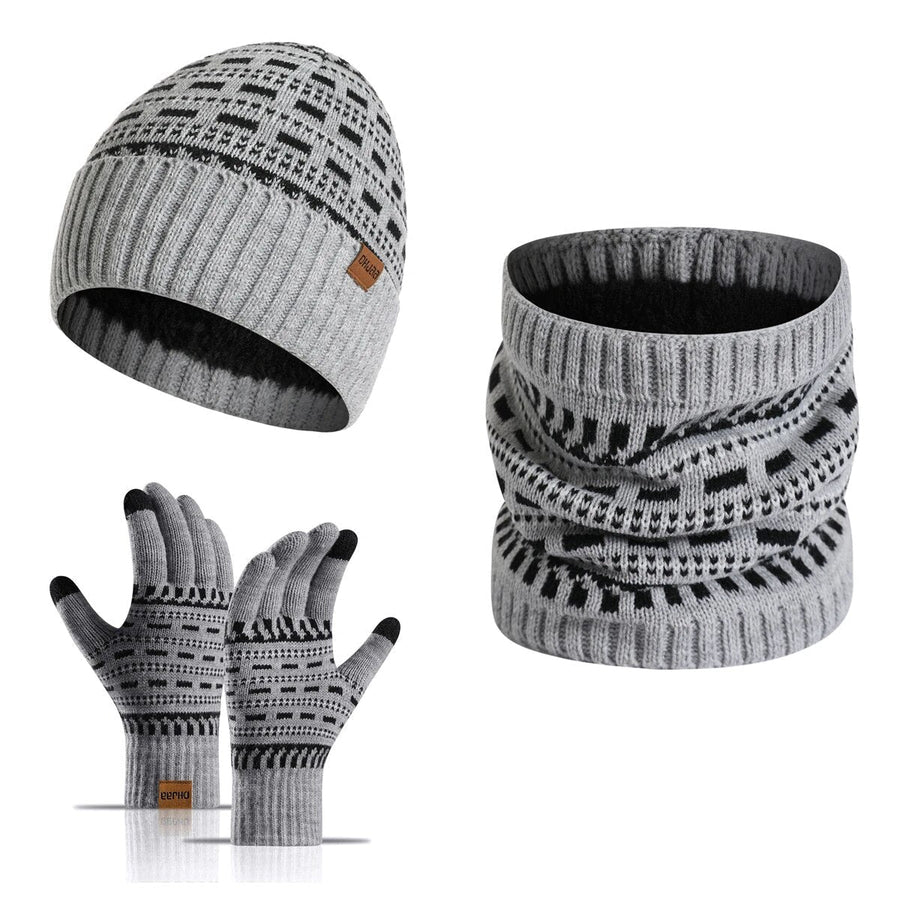Gestricktes Winterset aus Mütze, Schal, Schlauchschal und Handschuhen mit grauem Muster