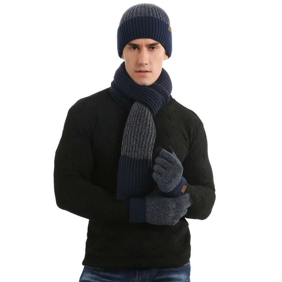 Men's winter beanie and scarf set, two-tone burgundy ribbed knit