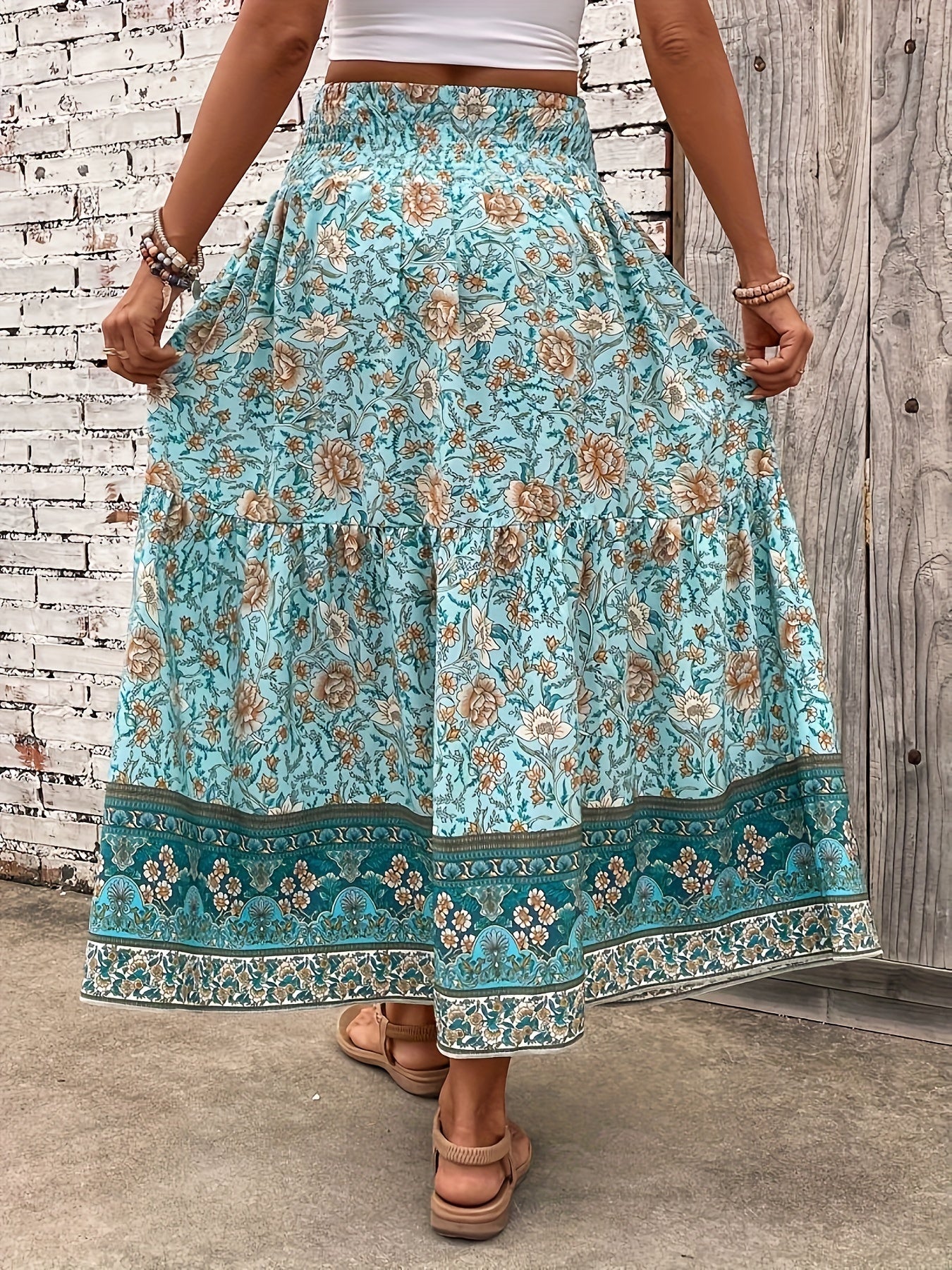 Elegant summer style women's long bohemian floral print skirt