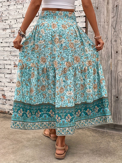 Elegant summer style women's long bohemian floral print skirt