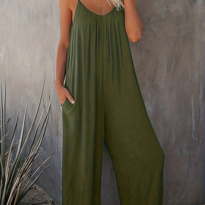 Mono holgado casual para mujer estilo verano con tirantes finos y bolsillos – Look chic y cómodo para vacaciones o ciudad