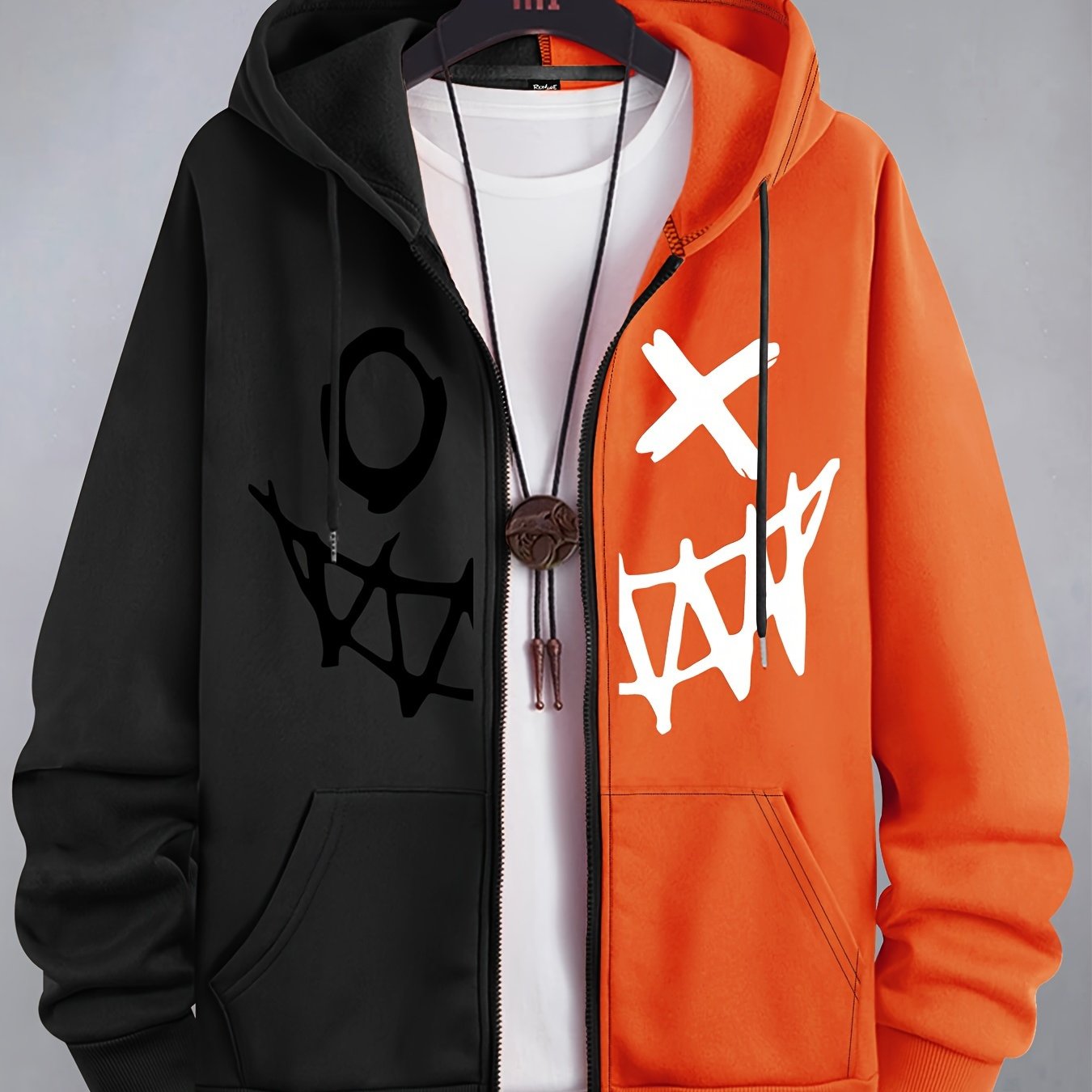 Sweat à capuche bicolore homme avec motif graphique décontracté fermeture éclair