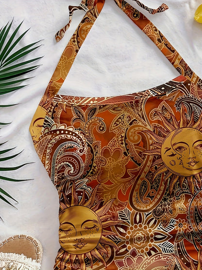 Damen-Top mit Rückenausschnitt im Vintage-Boho-Stil mit Sonne- und Mond-Motiv für den Sommer