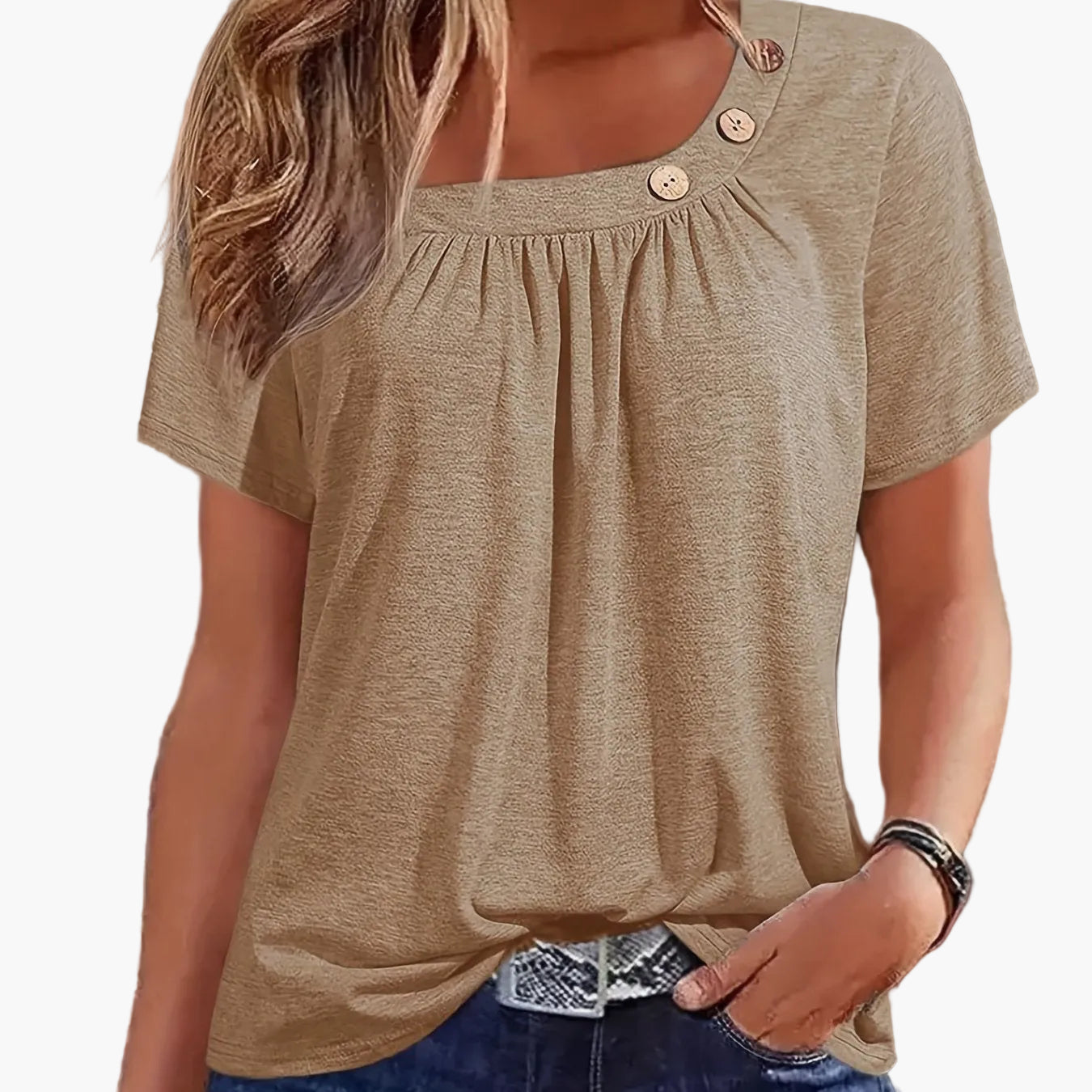 T-shirt femme col asymétrique à boutons style décontracté chic pour loisirs ou sorties