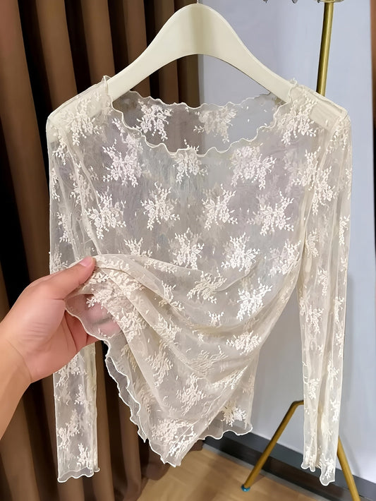 Transparent dameoverdel med lange ærmer, romantisk stil, elegant blomsterbroderi