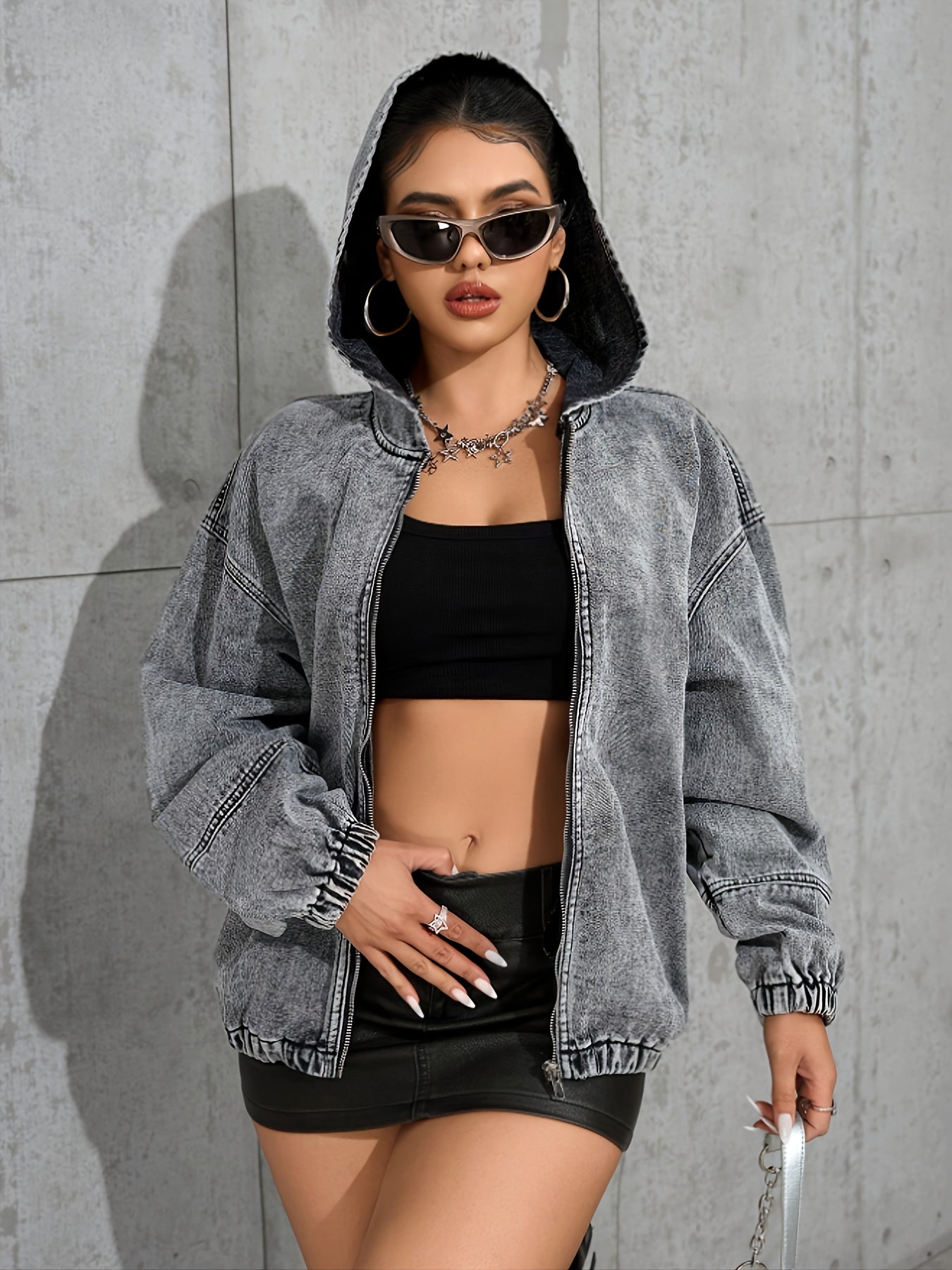 Veste à capuche femme gris délavé avec fermeture éclair
