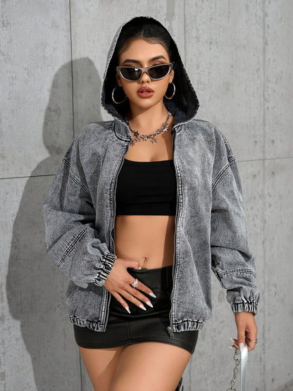 Veste à capuche femme gris délavé avec fermeture éclair