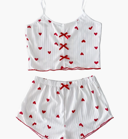 Pyjama d'été femme deux pièces style mignon à cœurs, ensemble débardeur et short, confortable pour la nuit