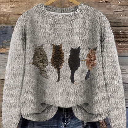 Pull en maille femme col rond à motif chats manches longues