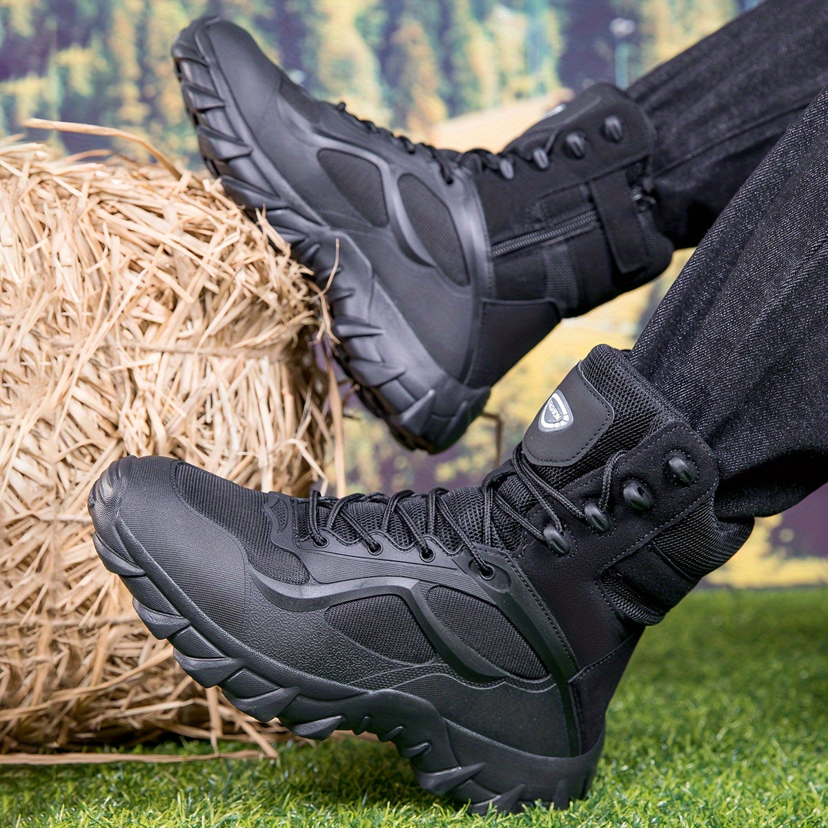 Bottes tactiques montantes noires à lacets et semelle crantée pour homme