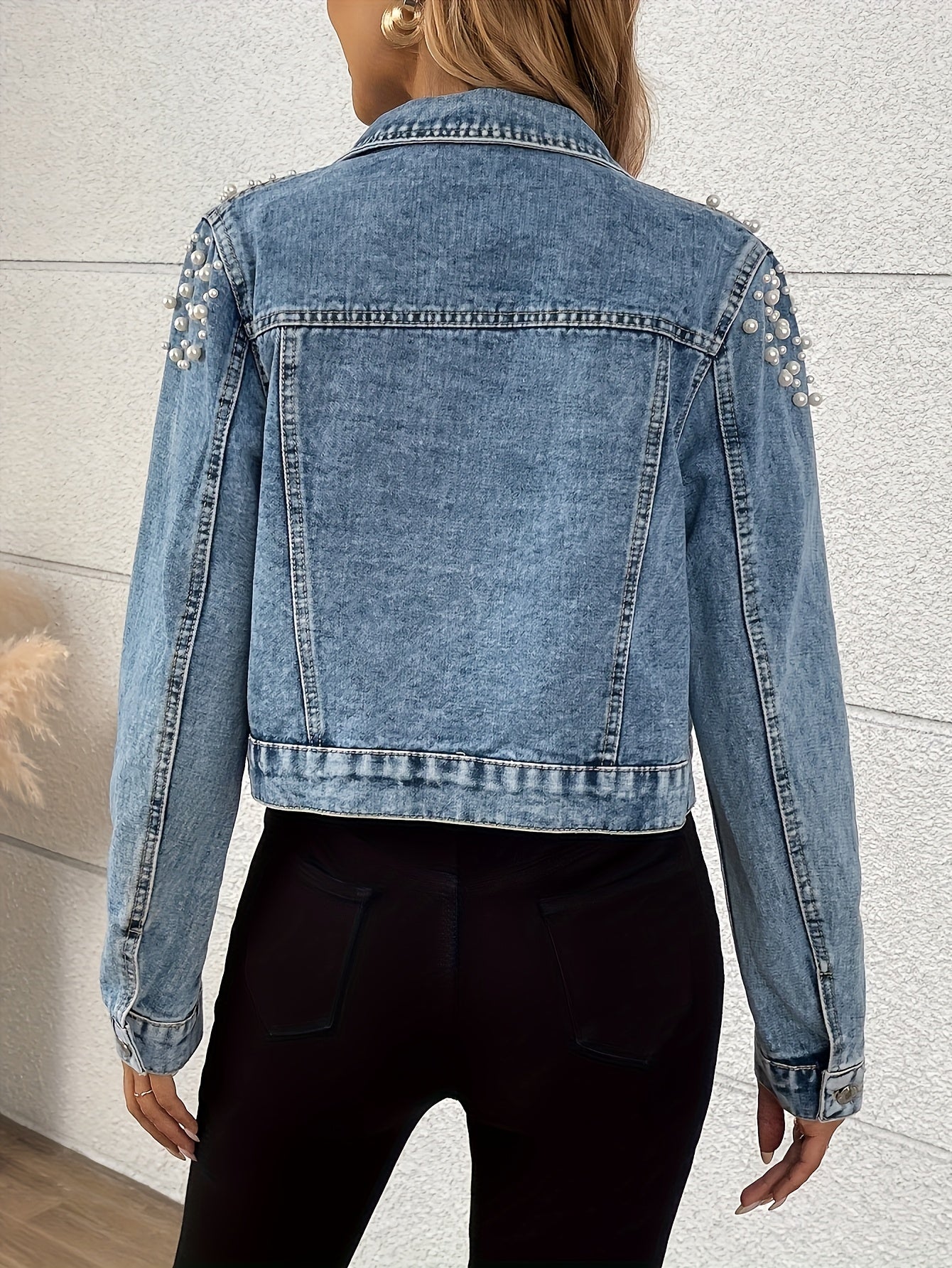 Veste en Jean Femme Bleue Décorée de Perles Manches Longues