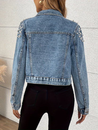 Veste en Jean Femme Bleue Décorée de Perles Manches Longues