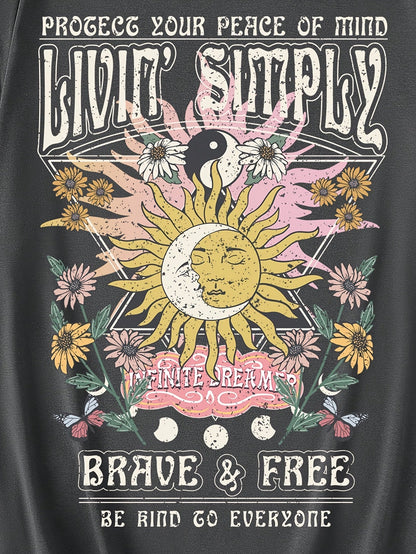 T-shirt femme style bohème graphique « Live Simply » imprimé soleil et lune, manche courte, casual