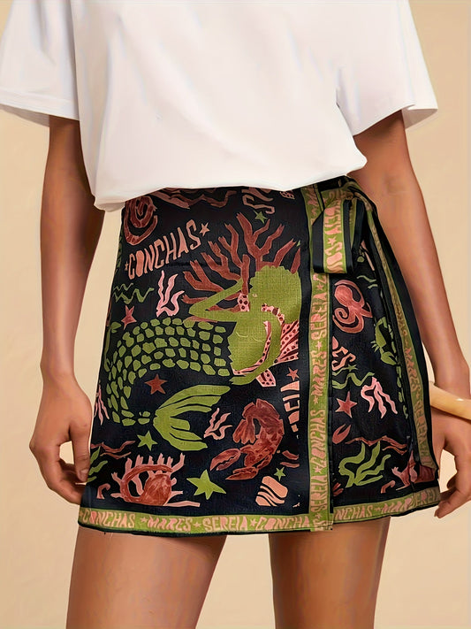 Jupe Portefeuille Mini Femme Motif Océanique Style Artistique Été
