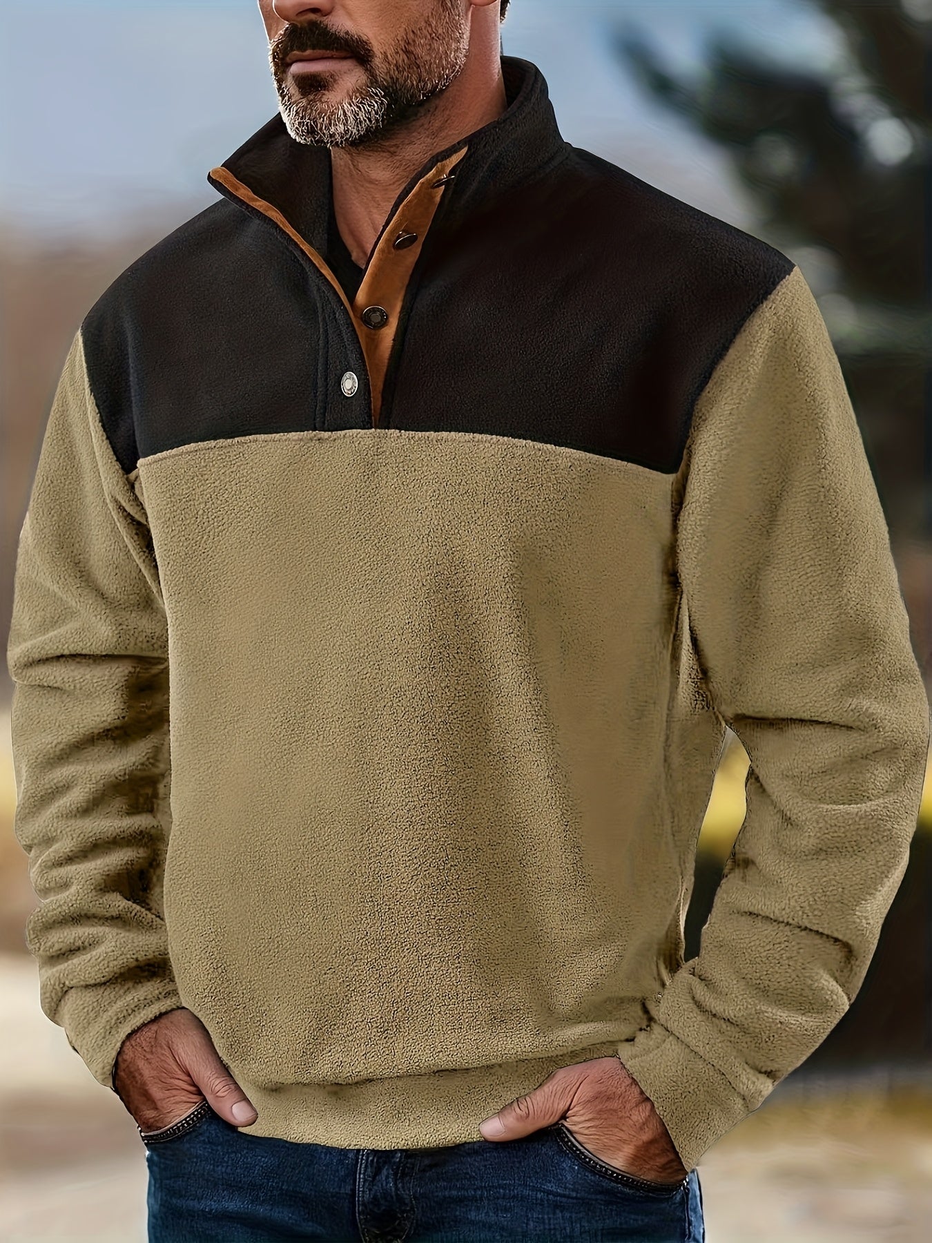 Pull Homme en Polaire Bicolore avec Col Montant et Boutons à Pression