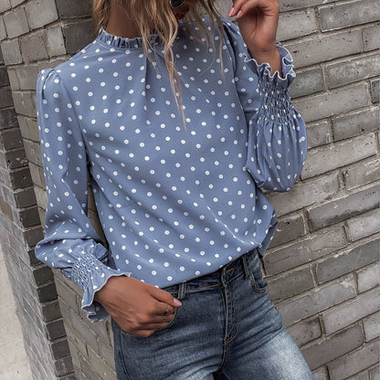 Chemisier Femme à Pois Col Montant Manches Longues Bleue